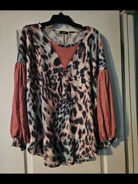 Women's Long Sleeve Leopard Print Top with Rust Sleeve Accents